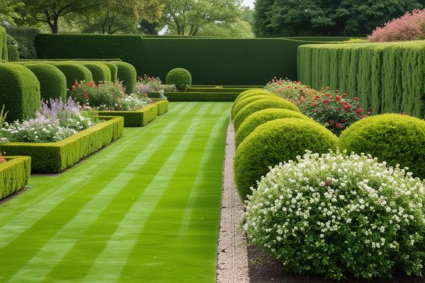 Professional landscape maintenance worker trimming hedges in residential garden