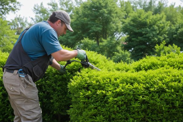 Commercial property landscape design with professional maintenance team working