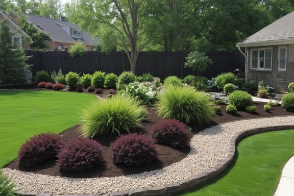 Modern backyard landscape design with patio and garden features