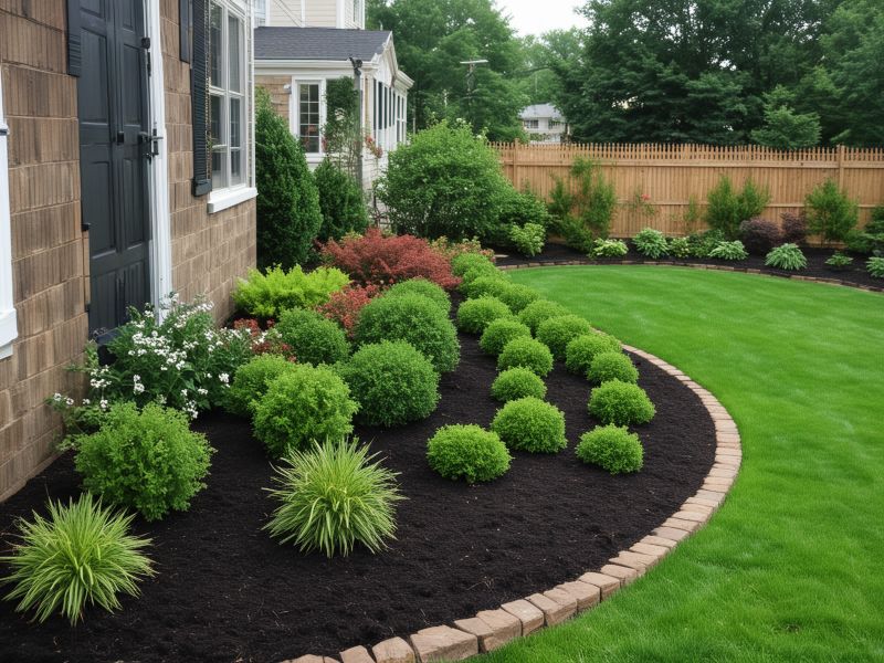 Modern backyard landscape design with patio, fire pit, and professional plant arrangements