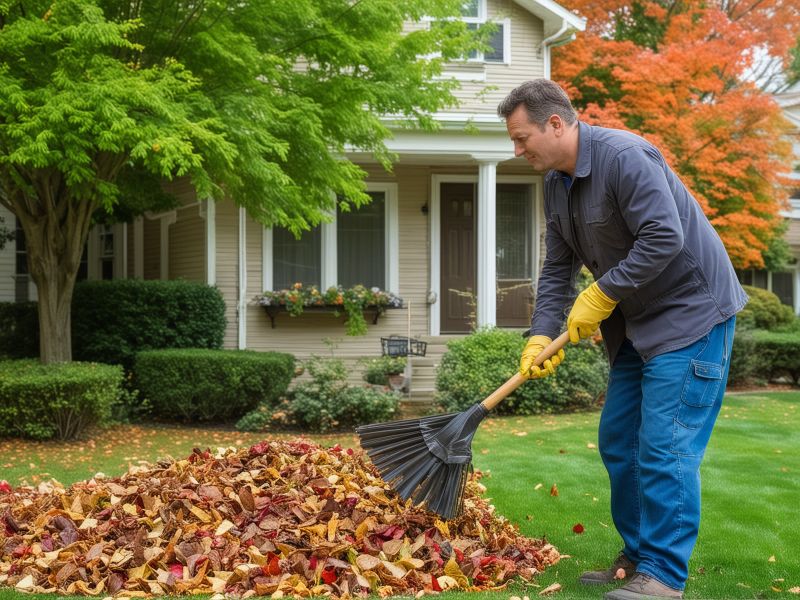Professional yard cleanup crew removing autumn leaves from residential property
