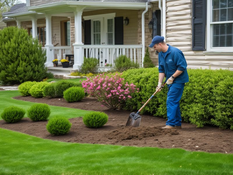 Spring cleanup service with professional landscapers working on residential property
