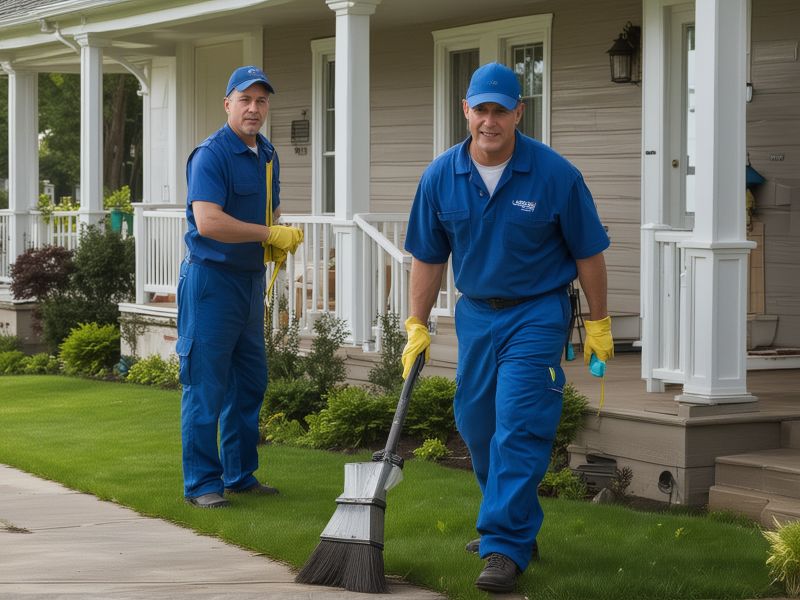 Professional seasonal cleanup crew working on residential property